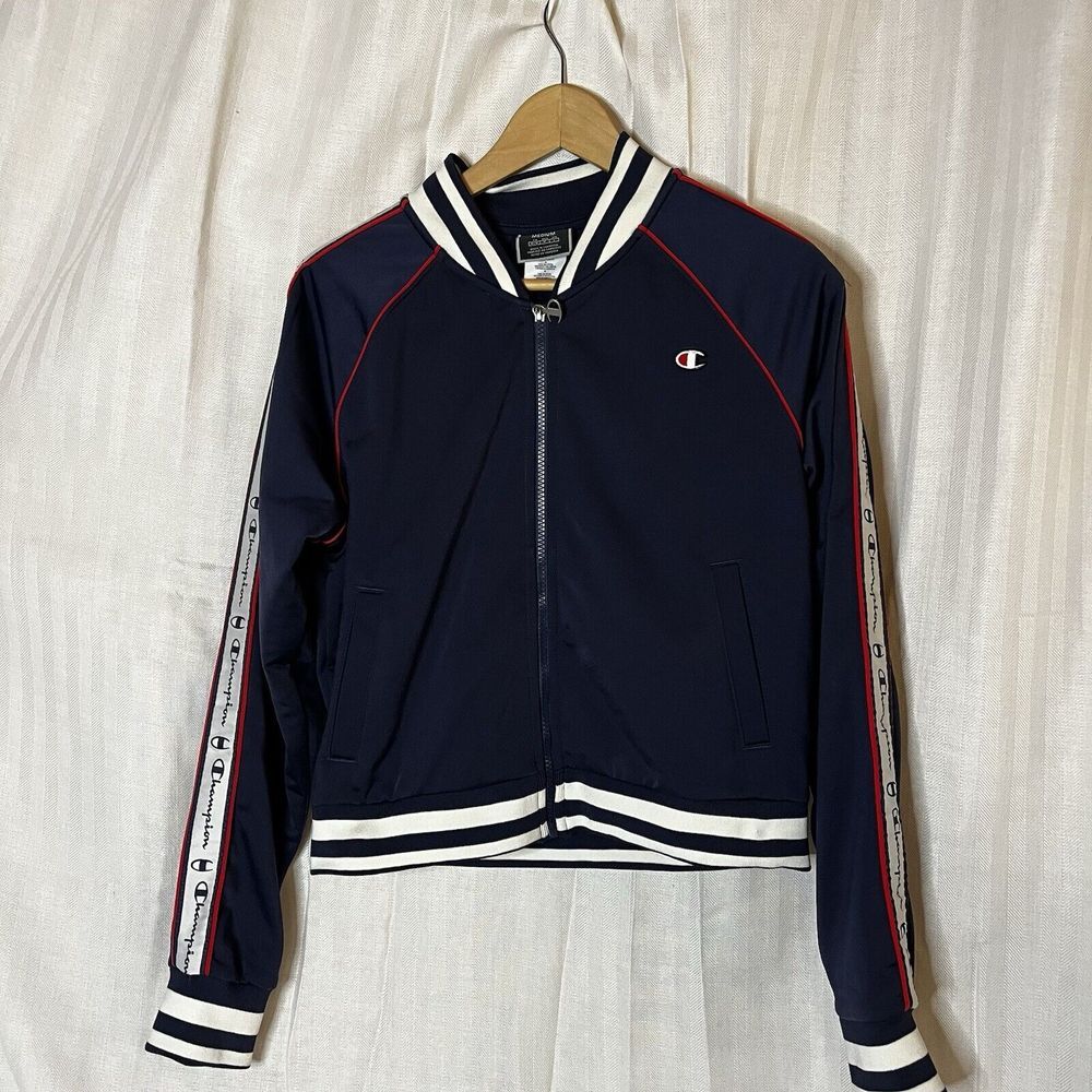 Women Jacket Track Champion Med Blue Cropped Full Zip VTG Logo Casual Training